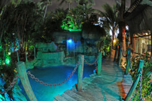 The romantic Mai-Kai boardwalk curving around the lagoon and waterfall illuminated in blue and green lights against the dark night sky.