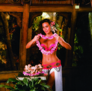 The Mystery drink in a large decorative bowl with lei is presented by one of the female Polynesian dancers.